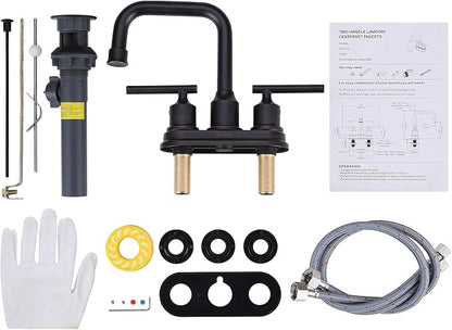 WOWOW Oil Rubbed Bronze Bathroom Faucet for Bathroom Sink Faucet 3 Hole Lavatory Faucet 2 Handle Vanity Faucet with Drain and Supply Hose Mixer Tap High Arc Swivel Spout