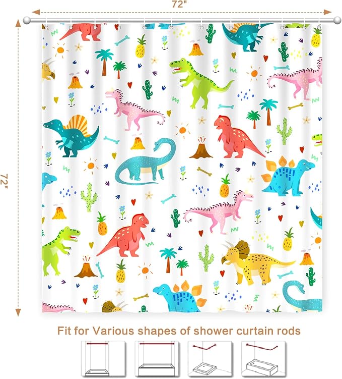 Shower Curtain Kids, Cartoon Dinosaur Shower Curtain Colorful Animals Plants for Boys Girls Polyester Fabric Waterproof Shower Curtain Sets Machine Washable Decor Bath Curtain