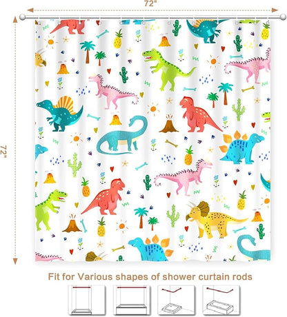 Shower Curtain Kids, Cartoon Dinosaur Shower Curtain Colorful Animals Plants for Boys Girls Polyester Fabric Waterproof Shower Curtain Sets Machine Washable Decor Bath Curtain