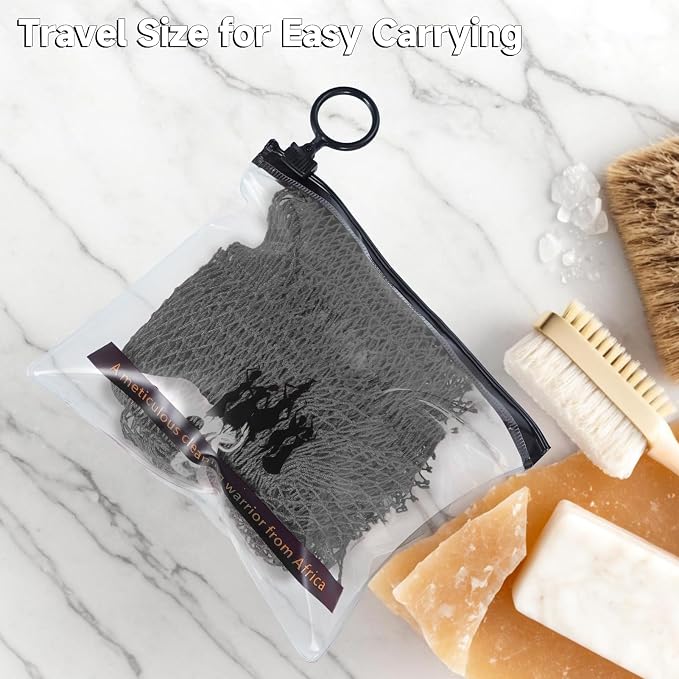 Authentic African Net Sponge, 2 Pack 45-Inch Exfoliating Bath Sponge and Shower Loofah for Body and Back, Colorfast Quick-Dry Knotted Mesh Scrubber with Travel Pouch (Black & Grey)