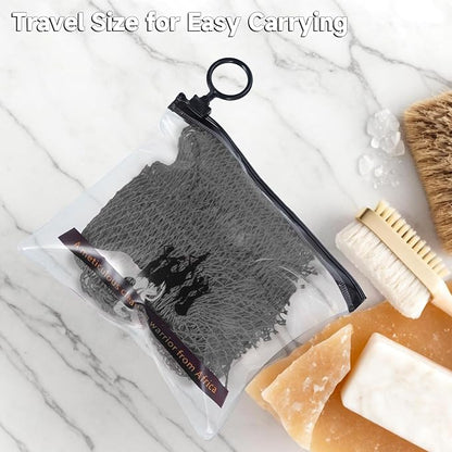 Authentic African Net Sponge, 2 Pack 45-Inch Exfoliating Bath Sponge and Shower Loofah for Body and Back, Colorfast Quick-Dry Knotted Mesh Scrubber with Travel Pouch (Black & Grey)