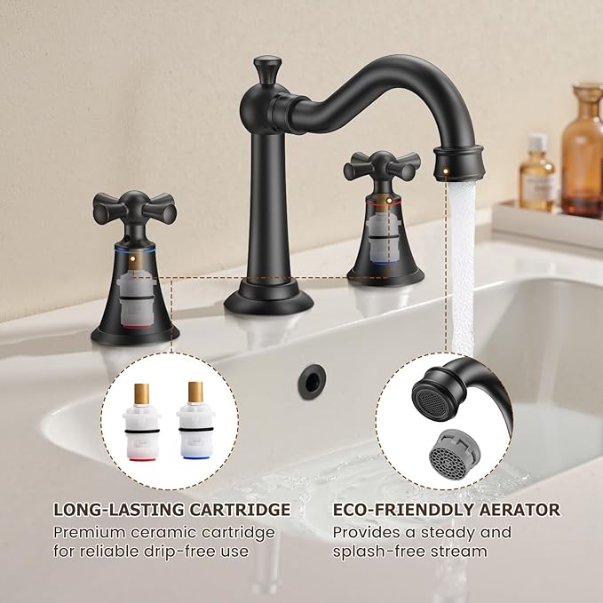 Hurran 8 Inch Widespread Bathroom Sink Faucet Matte Black, 3 Hole 2 Cross Handles Classic Vintage Antique Faucet with Metal Pop Up Drain and Supply Hoses for Vanity, RV, Farmhouse