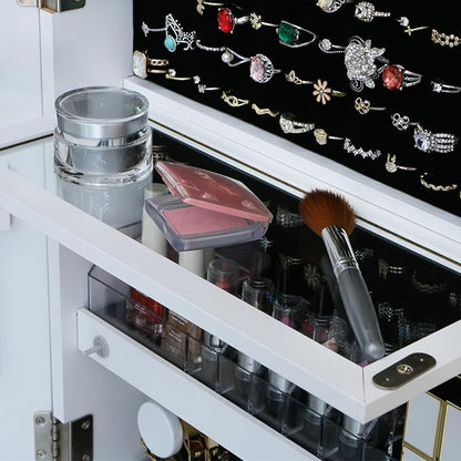 Jewelry Cabinet Standing Mirror with Drawers Jewelry Armoire Organizer | Full Length Mirror Jewelry Storage with Touch Screen Vanity Mirror with Lockable White Christmas Gift for Women