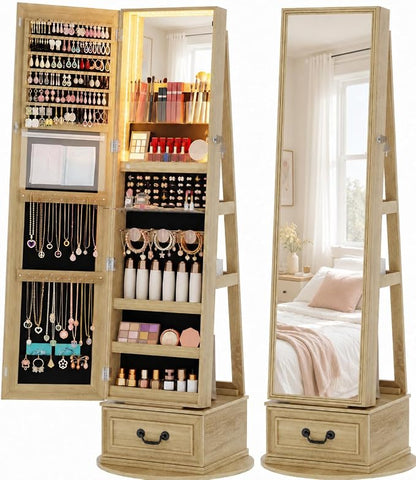 Vlsrka Mirror Jewelry Cabinet Standing with Lights, Lockable, Swivel, Wood | Standing Jewelry Armoire with Full Length Mirror, Large Jewelry Organizer Storage with Foldable Makeup Shelf, 3 LED Lights