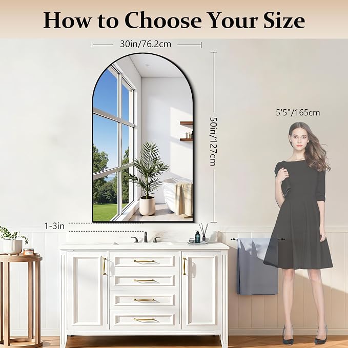 COFENY Arched Mirror, 30’’x50’’ Black Arch Mirror for Bathroom, Arched Bathroom Mirror with Frame, Modern Wall Mounted Mirror for Over Sink Mantle Bedroom Vanity Living Room Entryway
