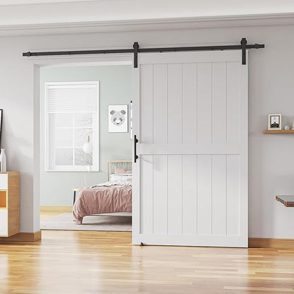 50''x84'' Sliding Barn Door with 8 Ft Barn Door Hardware Kit& Handle& Floor Guides,Pre-Drilled Holes Easy Assembly - Include Installation Manual, Water-Proof PVC Surface, H-Frame, White