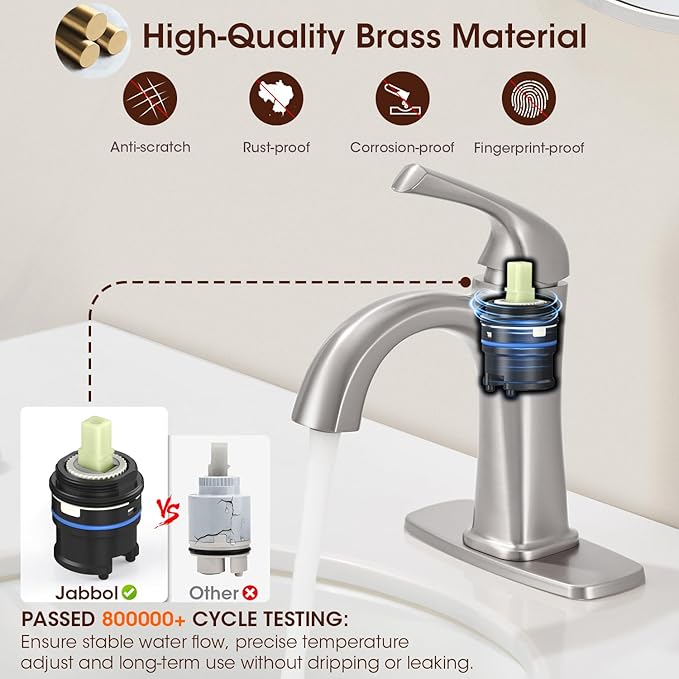 Brushed Nickel Single Hole Bathroom Faucet, Single Handle Brass Bathroom Sink Faucet, Lavatory Vanity Faucet for 1 or 3 Holes, Bathroom Faucets with Pop Up Drain and Supply Lines, Deck Plate