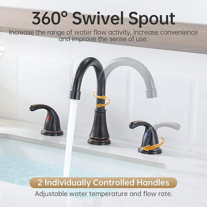 Bathroom Faucet 3 Holes, 8 Inch Widespread Faucet 2 Handle Bathroom Sinks Faucets Lead-Free Oil Rubbed Bronze Bath Sinks Faucets with Pop-up Drain Stopper and Supply Hoses