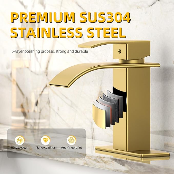 Gold faucet with text highlighting premium SUS304 stainless steel and features on a marble background.