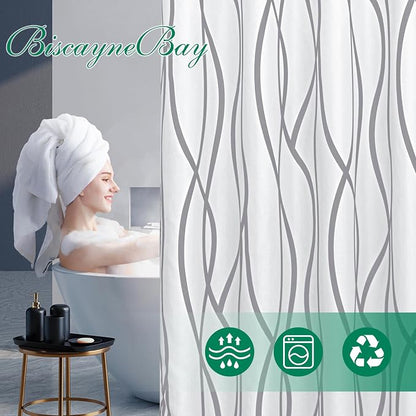 Fabric Modern Shower Curtain-Silver Grey & White Shower Curtains Bathroom | 72"W x 72"L Textured Faux Linen Luxury Hotel Quality Washable-Abstract Wavy Cloth Bath Curtain-Apartment Minimalist Decor