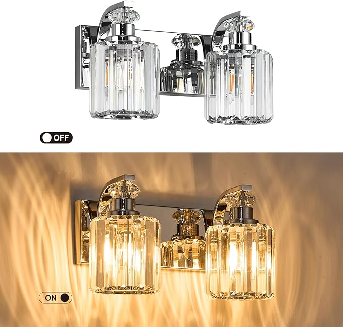 Chrome Bathroom Light Fixtures with K9 Crystal Lampshade Bathroom Lighting Over Mirror Vanity Lights for Living Room,Bedroom,Restroom,Hallway 2 Lights