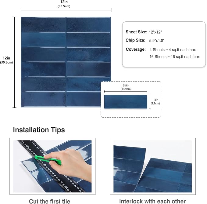 CRE8TIVE 16 Sheets Straight Linear Peel and Stick Tile for Bathroom Kitchen Backsplash Tiles Peel and Stick on Blue Tile Self Adhesive Rectangular Subway Tiles for Laundry Room Shower Walls 12"x12"