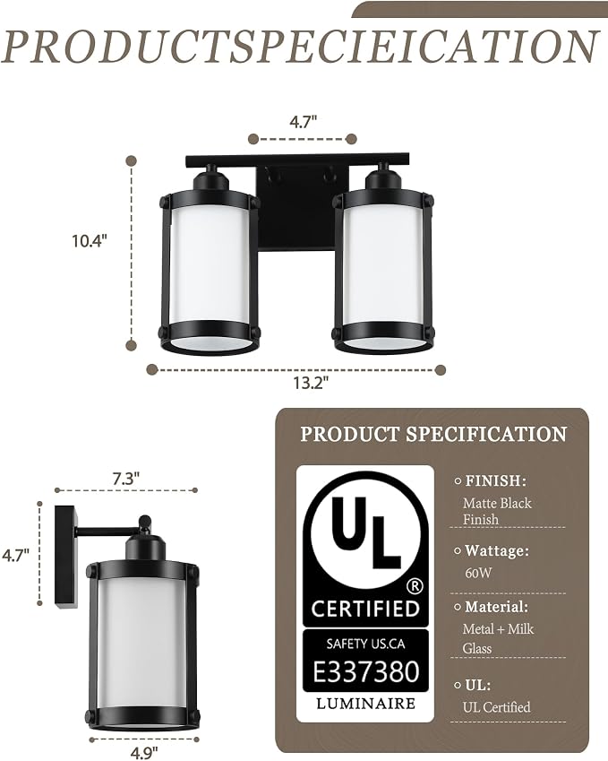 2-Light Black Bathroom Light Fixtures with Milk White Frosted Glass, 13.2" UL-Listed Modern Wall Sconce Over Mirror with Metal Cage for Bath, Hardwire E26, OS-3014BKW-2W