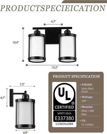 2-Light Black Bathroom Light Fixtures with Milk White Frosted Glass, 13.2" UL-Listed Modern Wall Sconce Over Mirror with Metal Cage for Bath, Hardwire E26, OS-3014BKW-2W