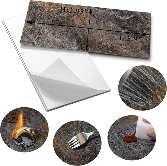 AULIGET 4 Pieces Peel and Stick Backsplash Wall Tile, 3" x 6" Rustic Slate PVC Stone Stick on Tiles