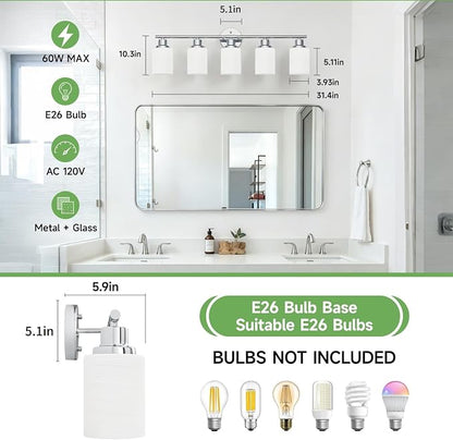 5-Light Chrome Vanity Lights for Mirror, Bathroom Light Fixtures with Textured Milky White Glass Shade, Modern Kitchen Light Fixtures Wall Sconce Light