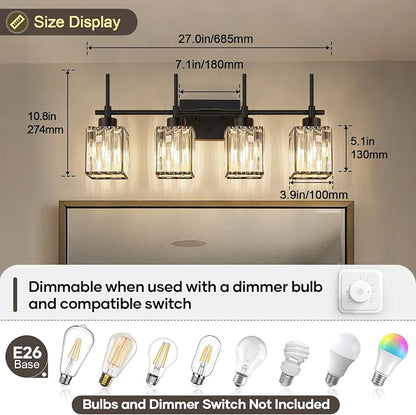 Torondo Modern Crystal Bathroom Vanity Light 4-Lights Matte Black Bathroom Light Fixtures Over Mirror Matte Black Vanity Lighting Fixtures Square Shade Brass Wall Sconce (Bulbs Not Include)