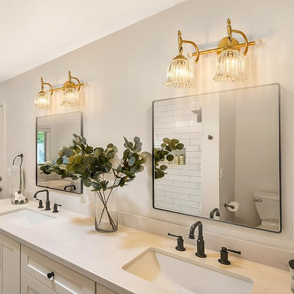 CVKASH 2-Light Bathroom Vanity Light Fixtures Over Mirror,Brushed Gold Modern Vanity Light with Glass Shade Vintage Wall Sconce for Bedroom Dressing Room Living Room Hallway Cabinet
