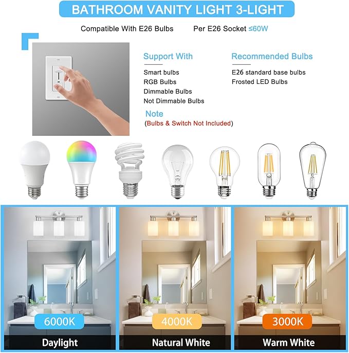 Brushed Nickel 3-Light Bathroom Vanity Light Modern Bathroom Light Fixtures Nickel Vanity Lights with Eye-Friendly Milky White Frosted Glass Shades E26 Socket (Bulbs Not Included)