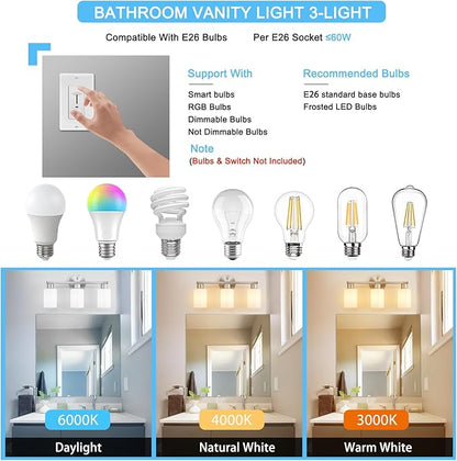 Brushed Nickel 3-Light Bathroom Vanity Light Modern Bathroom Light Fixtures Nickel Vanity Lights with Eye-Friendly Milky White Frosted Glass Shades E26 Socket (Bulbs Not Included)