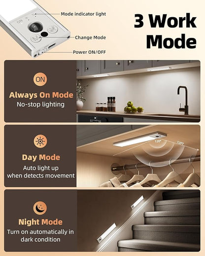 EZVALO 14.5inch Under Cabinet Lighting, Rechargeable Motion Sensor Light Indoor with 3 Color Temperatures, Dimmable & Magnetic Closet Lights, Wireless Under Counter Lights for Kitchen, Stairs (2 Pack)
