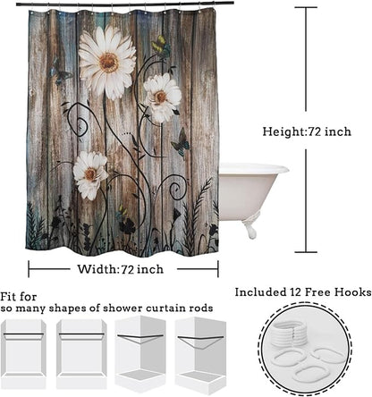 Rustic Shower Curtain Set Grey Daisy Floral Butterfly Shower Curtain for Bathroom Farmhouse Bath Curtain with 12 Hooks American Country Farm Style 72×72 Inches