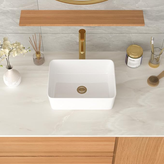 White Bathroom Vessel Sink Ceramic Vanity Art Basin Above Counter | 16x12 Inch Rectangular Bathroom Sink Porcelain Vessel Vanity Sink