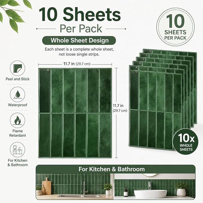 JOLOV 10 Pack Peel and Stick Backsplash Tiles, Waterproof 3D Stickers | Thicker self-adhesive 3D tile stickers for kitchen and bathroom walls; removable, waterproof and easy to install.