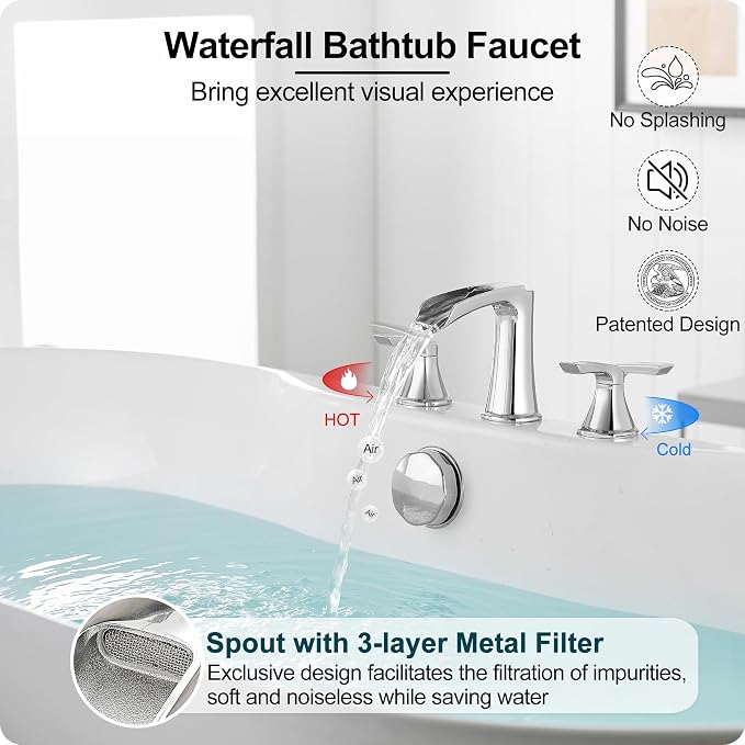 Widespread Waterfall Bathtub Faucet Set, Brass Chrome Roman Tub Faucet 3 Hole 8 Inch, 2 Handle Deck Mount with Supply Water Hoses for Garden Tub, Lifetime Use & 20 Mins Easy to Install