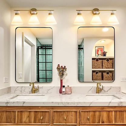 WOSHITU Bathroom Vanity Light Fixtures: 3-Lights Mid Century Modern Vanity Lights for Bathroom Over Mirror, Brushed Gold Wall Sconce Lighting with Frosted Milky Glass Shade for Bath Living Room