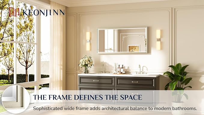 Keonjinn 48"x24" Brushed Nickel Framed Wall Mirror, HD Safe Tempered Glass | Aluminum Alloy, Vertical/Horizontal, Effortless French Cleat Installation, Full Length Mirror for Hallway, Living Room Decor