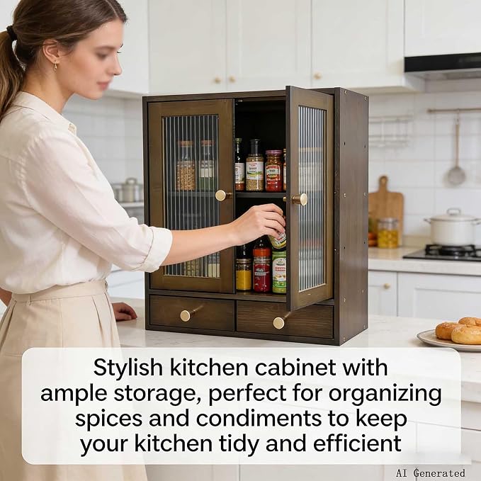 Brown Bamboo Countertop Cabinet Ribbed Magnetic Glass Doors with 2 Drawers | 14.6"W×6.7"D×18.1"H cabinet with adjustable inner shelves, multi-use for kitchen bedroom bathroom office sideboard storage