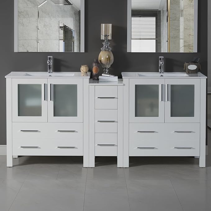 Blossom 72" Solid Wood Double Sink Bathroom Vanity with Side Cabinet | Glossy White Master Bath Furniture | Anti-Warp Painted Finish, Soft-Close Full Extension Drawers & Tempered Glass Modern Style