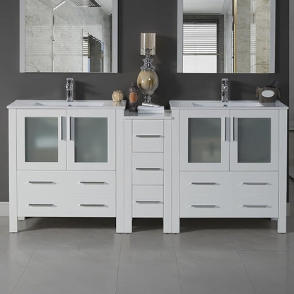 Blossom 72" Solid Wood Double Sink Bathroom Vanity with Side Cabinet | Glossy White Master Bath Furniture | Anti-Warp Painted Finish, Soft-Close Full Extension Drawers & Tempered Glass Modern Style
