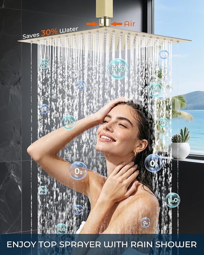 Rain Shower Faucet Set, 10" Top + 6" Side Head, Brushed Gold | 3-head set w/ valve, SUS304 anti-freeze, 6 spray modes, self-clean nozzles