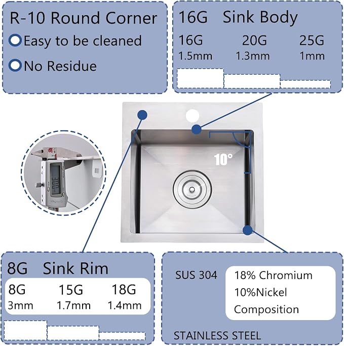 15x15 Inch Bar Sink Drop In, Topmount Kitchen Sink Stainless Steel Square Small Sinks, Single Bowl Kitchen Sinks for Laundry Wet Bar Prep RV Office Outdoor Yard with Grid & Drain