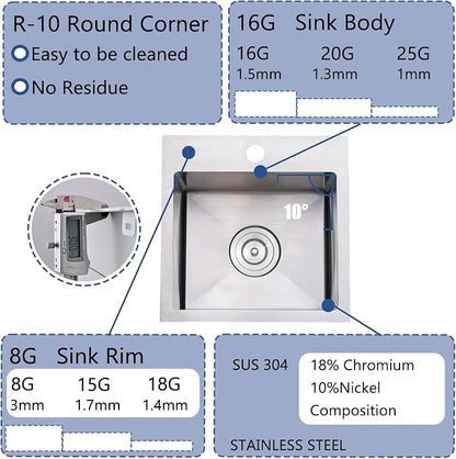 15x15 Inch Bar Sink Drop In, Topmount Kitchen Sink Stainless Steel Square Small Sinks, Single Bowl Kitchen Sinks for Laundry Wet Bar Prep RV Office Outdoor Yard with Grid & Drain