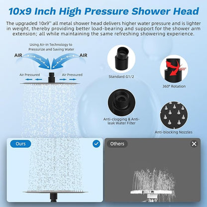 Hibbent High Pressue All Metal 10" Rainfall Shower Head, Handheld 10-Spray | cUPC Certified Matte Black Dual Showerhead Combo, 4-way Diverter with Pause Mode, Brass Extension Arm, 71'' Hose & Holder
