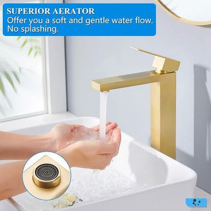 Tohlar Gold Bathroom Faucet, Single Hole Vanity Sink Faucet with Drain | Brushed Gold Bathroom Sink Faucet, Single Handle Faucet with Pop Up Drain and Water Supply Lines, Stainless Steel