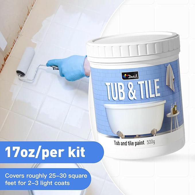 DWIL Tile Paint, Tub and Tile Refinishing Kit with Tools, Water-based Bathtub Paint - Low Odor, Easy to Use, 25-30sq.ft, 16.5oz, Semi-Gloss White