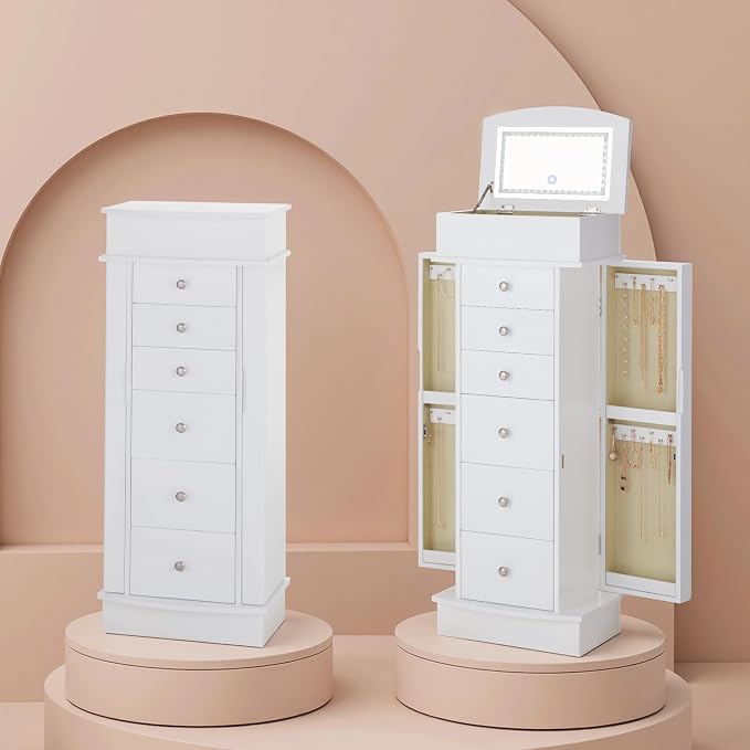 IRONCK Jewelry Cabinet with LED Mirror and 6 Drawers, Jewelry Armoire Cabinet Standing with Necklace Hooks & Anti-Tarnish Lining, Standing Jewelry Box, Gift for Women, White