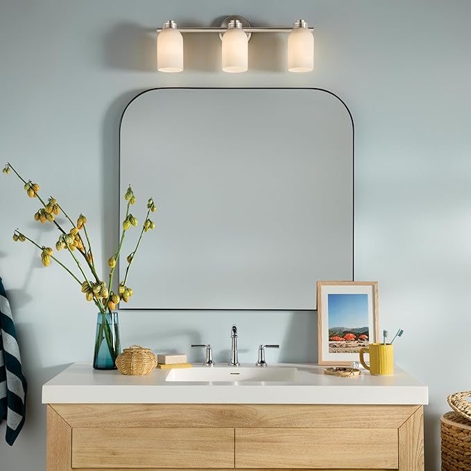 Kichler Shae 24.25" 3-Light Vanity Light with White Opal Glass in Brushed Nickel, for Bathroom Vanity, Powder Room, Over a Mirror, (24.25" W x 9" H), 55202NI