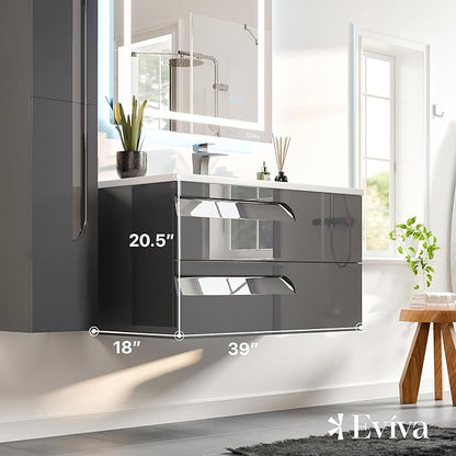 Eviva Joy 40 in. Gray Wall MountSingle Sink Bath Vanity with Porcelain Top and Integrated Sink