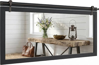 27"x49" Black Wood Grain Barn Door Wall Mirror with Wood Header | 100% solid wood, HD tempered glass, bronze-tone iron rail; large farmhouse wall mirror for double vanity, mantel, entryway