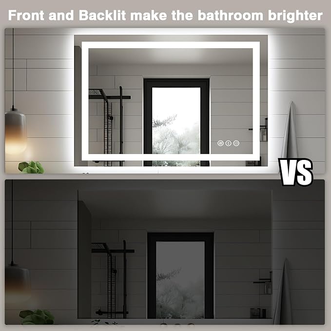 EchosLife 44"x30" Bathroom Light up Mirror, Double Bright Lights, Anti-Fog Vanity Mirror with Lights, Stepless Dimmable Illuminated Mirror, Touch Control, Waterproof (Horizontal/Vertical)