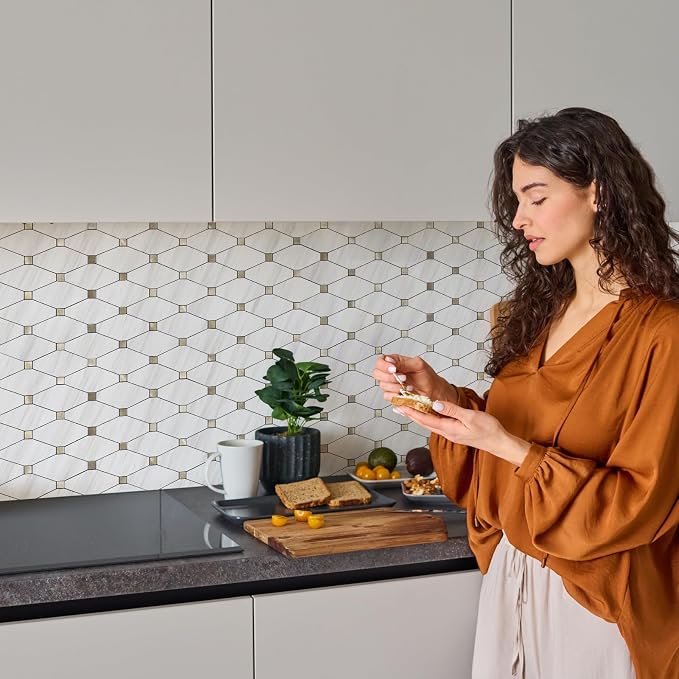 STICKGOO 10 Sheets Peel and Stick Backsplash, Dolomite White | PVC Mixed Metal Gold Kitchen Backsplash, Waterproof, Self Adhesive Tiles for Fireplace, Bathroom, RV