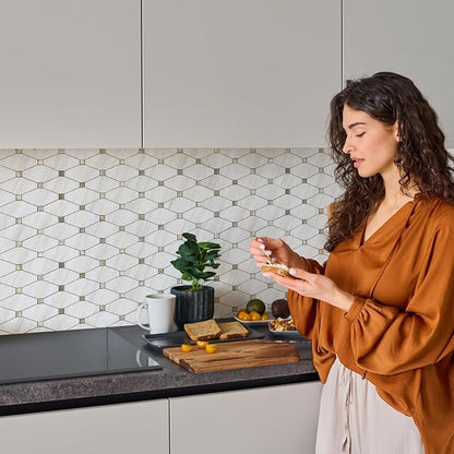 STICKGOO 10 Sheets Peel and Stick Backsplash, Dolomite White | PVC Mixed Metal Gold Kitchen Backsplash, Waterproof, Self Adhesive Tiles for Fireplace, Bathroom, RV