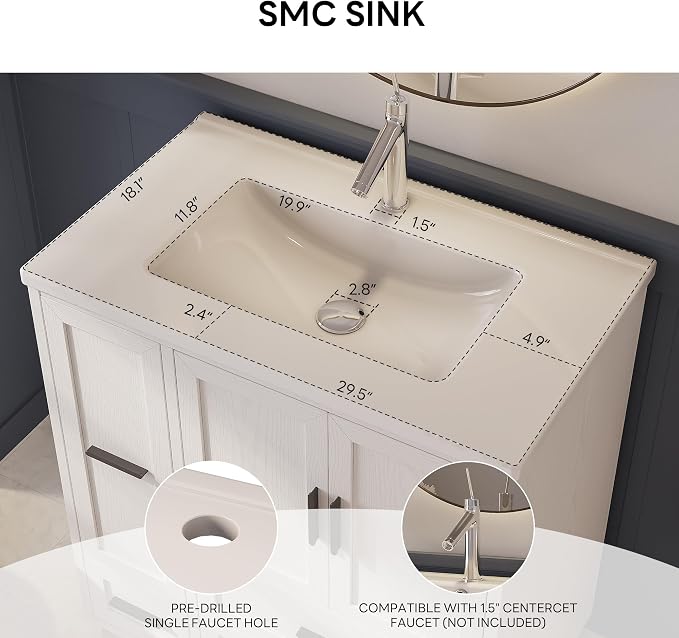 LIKIMIO 29.5" Bathroom Vanity with Sink, Hair Tool Drawer, 4 Solid Legs, 4 Drawers 2 Doors, Modern Freestanding Wooden Bathroom Cabinet with Undermount Upgraded SMC Sink, Quick Assembly, White