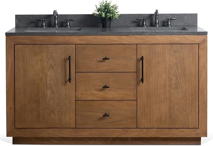 HOMEBEYOND 60" Bathroom Vanity with Double Sink & Ceramic Top, MDF Material Vanity Cabinet with Basin Combo, Soft-Closing Doors, Removable Shelf, Backsplash, Tan