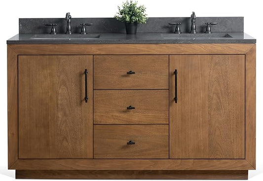 HOMEBEYOND 60" Bathroom Vanity with Double Sink & Ceramic Top, MDF Material Vanity Cabinet with Basin Combo, Soft-Closing Doors, Removable Shelf, Backsplash, Tan